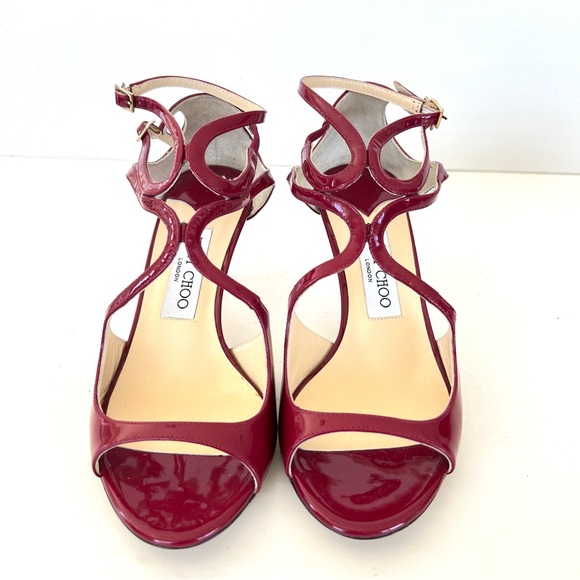 JIMMY CHOO Ivette Burgundy Patent Leather Double Side Buckle Heel Sandals Sz 37 - Picture 4 of 11
